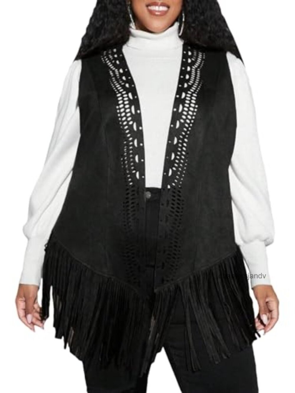 Plus Size Fringe Sleeveless Vest Faux Suede Open Front 70s Hippie Jacket
